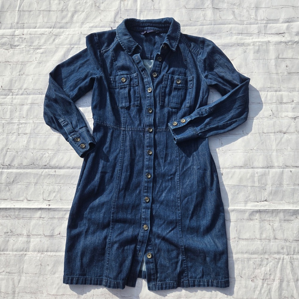Boden Denim Shirt Dress Womens 4P Petite Dark Wash Button Front Long Sleeve